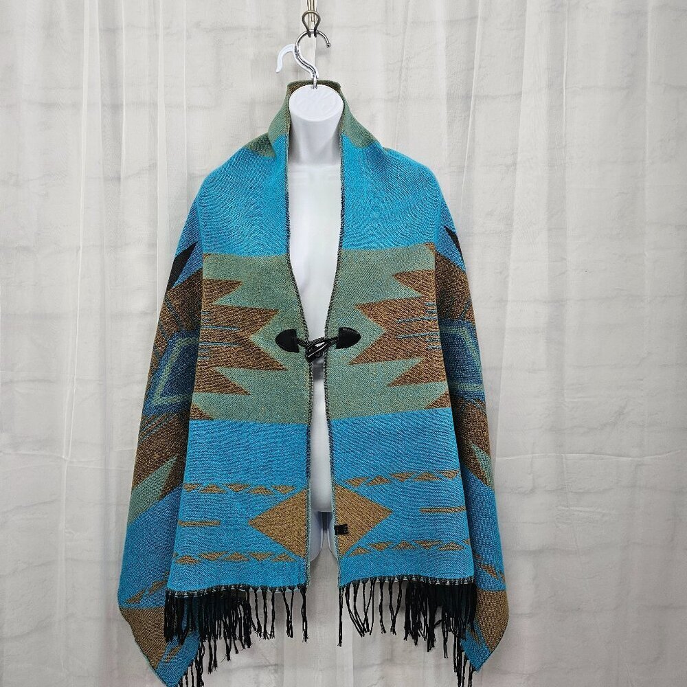 Unbranded Shawl Blue Brown Southwestern Fringed Boho Fleece OSFA
